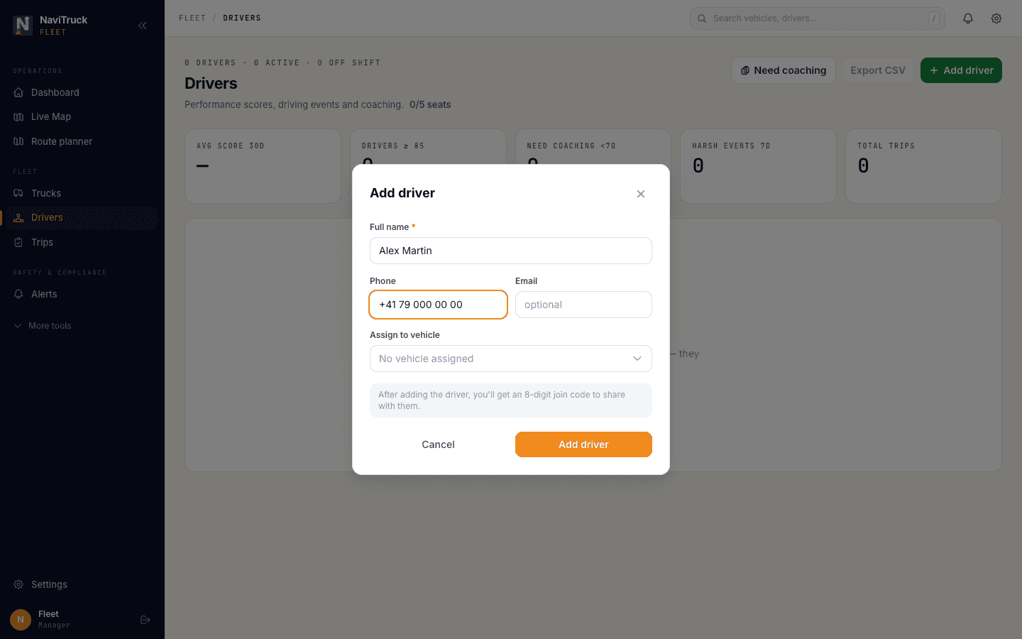 The Add driver form