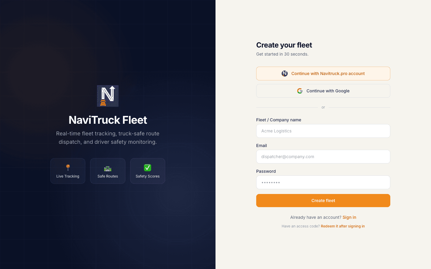 The create-account form on the login page