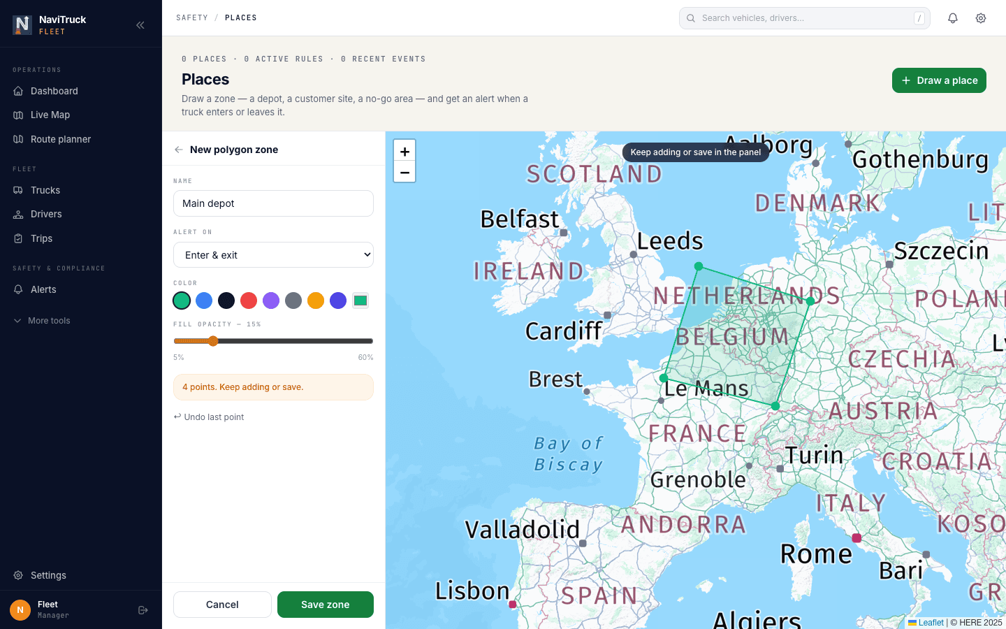 Drawing a polygon zone on the map with the zone form on the left