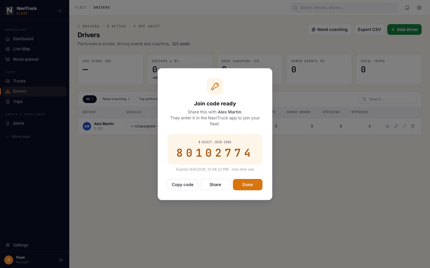 The join code dialog with an 8-digit code, copy and share buttons