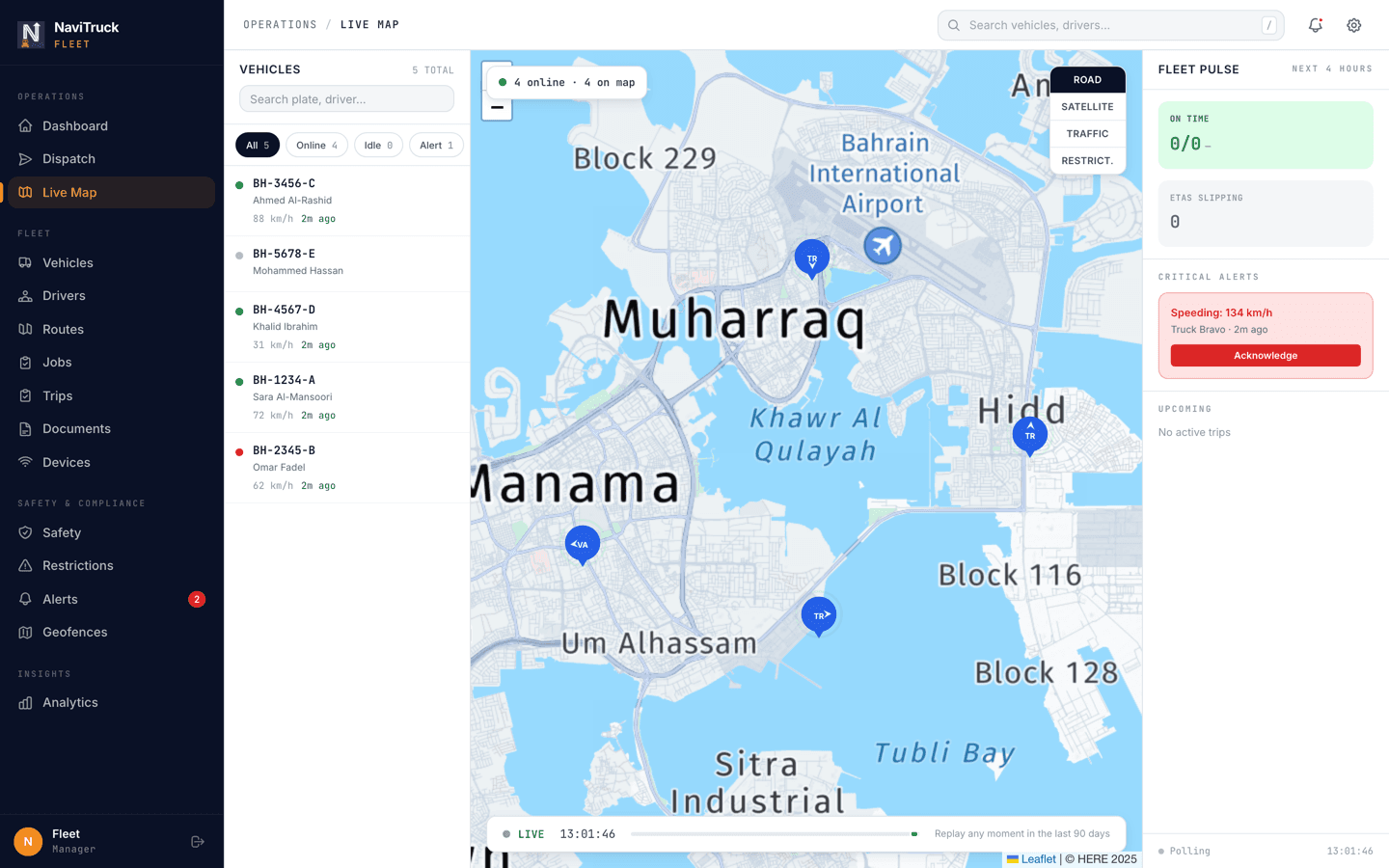 The live map with trucks, status and last position