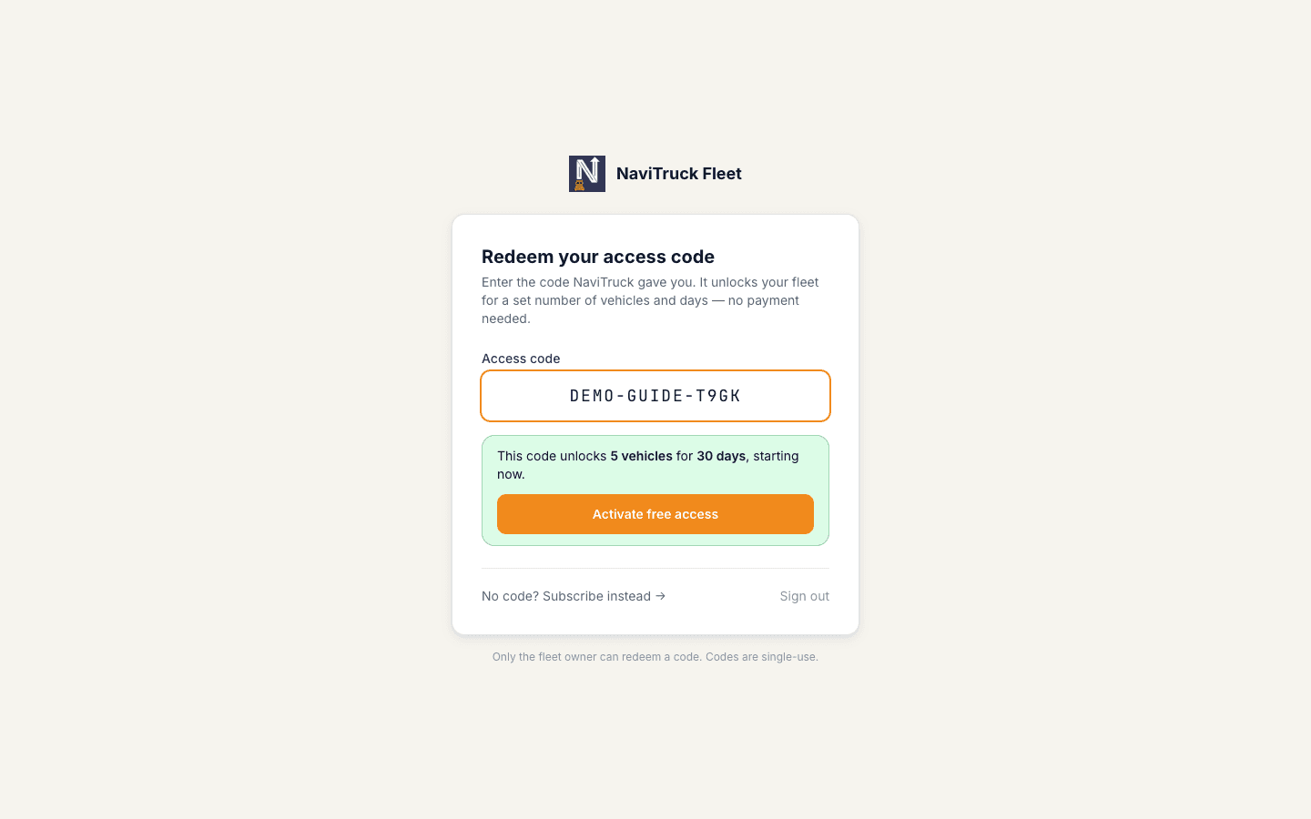 The redeem page showing what a code unlocks and the Activate button