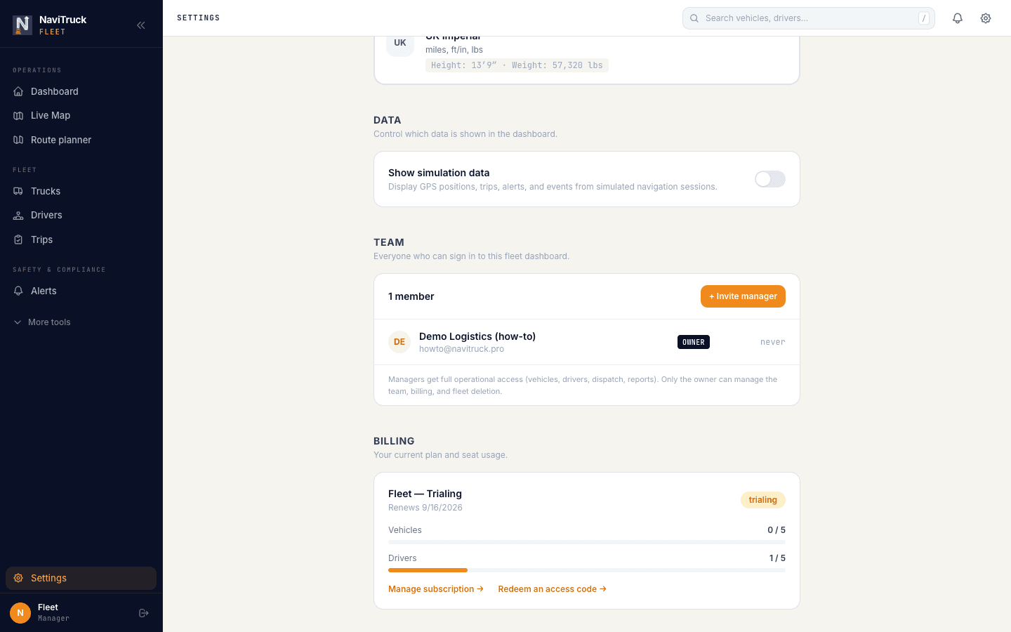 Settings page showing Team and Billing sections