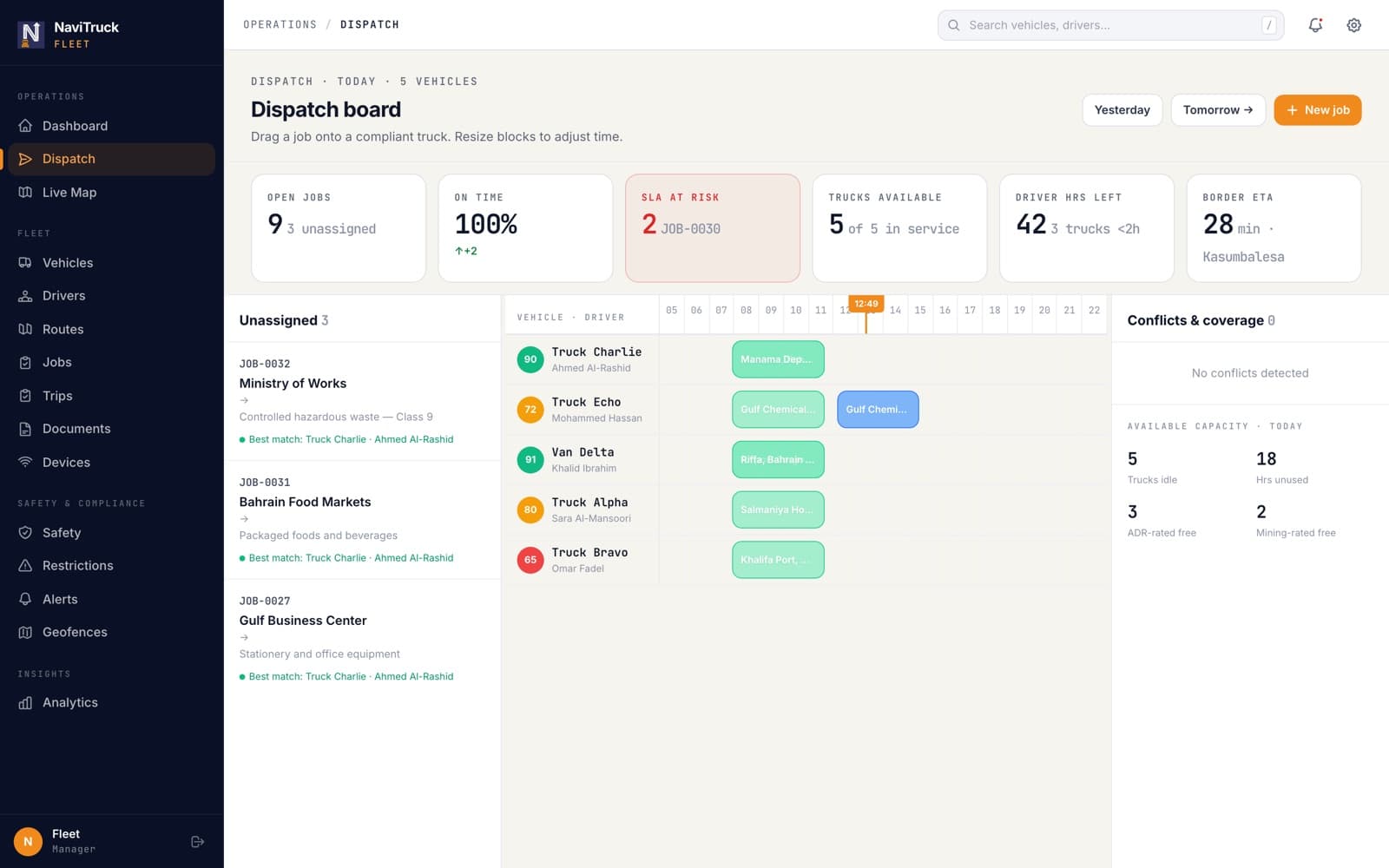 Dispatch board — drag a job onto a compliant truck, SLA risk and driver hours visible