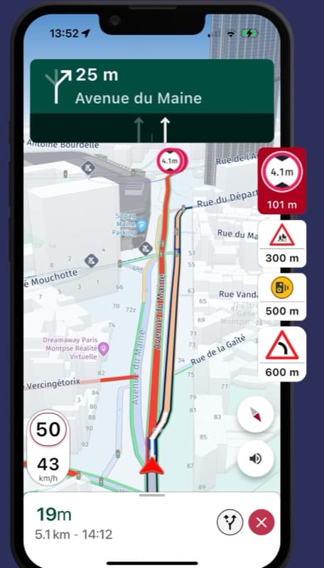 NaviTruck driver app — truck-safe navigation with a 4.1 m low-bridge warning ahead