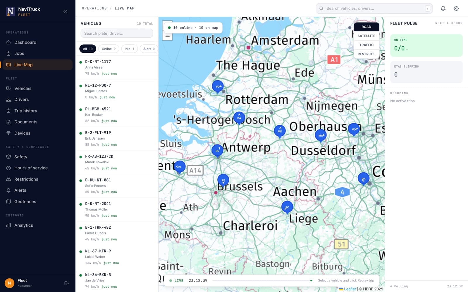 NaviTruck Fleet live map — every vehicle, live speed and driver, trip replay over the last 90 days